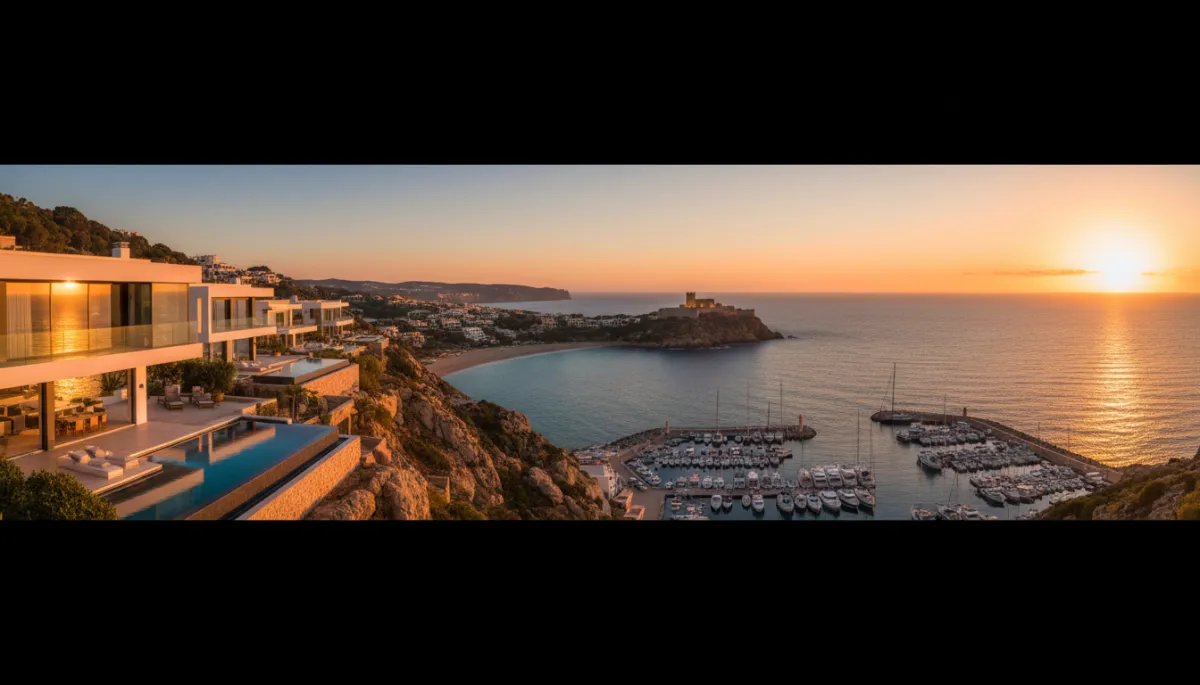 escena fotorealista al atardecer de villas de lujo en acantilado de Moraira con vistas panorámicas al Mediterráneo y bahía de El Portet, castillo medieval al fondo y puerto con yates iluminados, todo con fondos profundos oscuros y acentos dorados e marfil