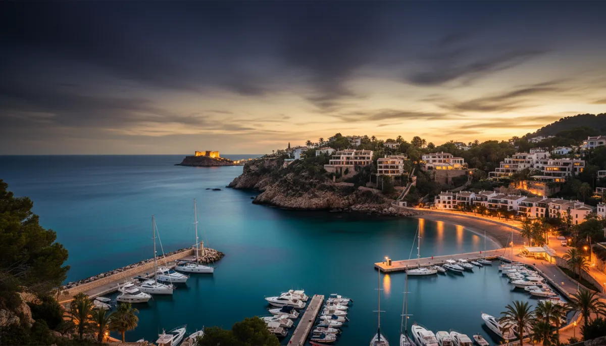 Photorealistische Abendaufnahme von Luxusvillen auf den Klippen von Moraira mit Panorama-Meerblick, El Portet kristallklare Bucht und mittelalterliche Burg im Hintergrund, eleganter Hafen mit Yachten im Vordergrund, goldenes Abendlicht, deep dark backgrounds mit goldenen und elfenbeinfarbenen Akzenten
