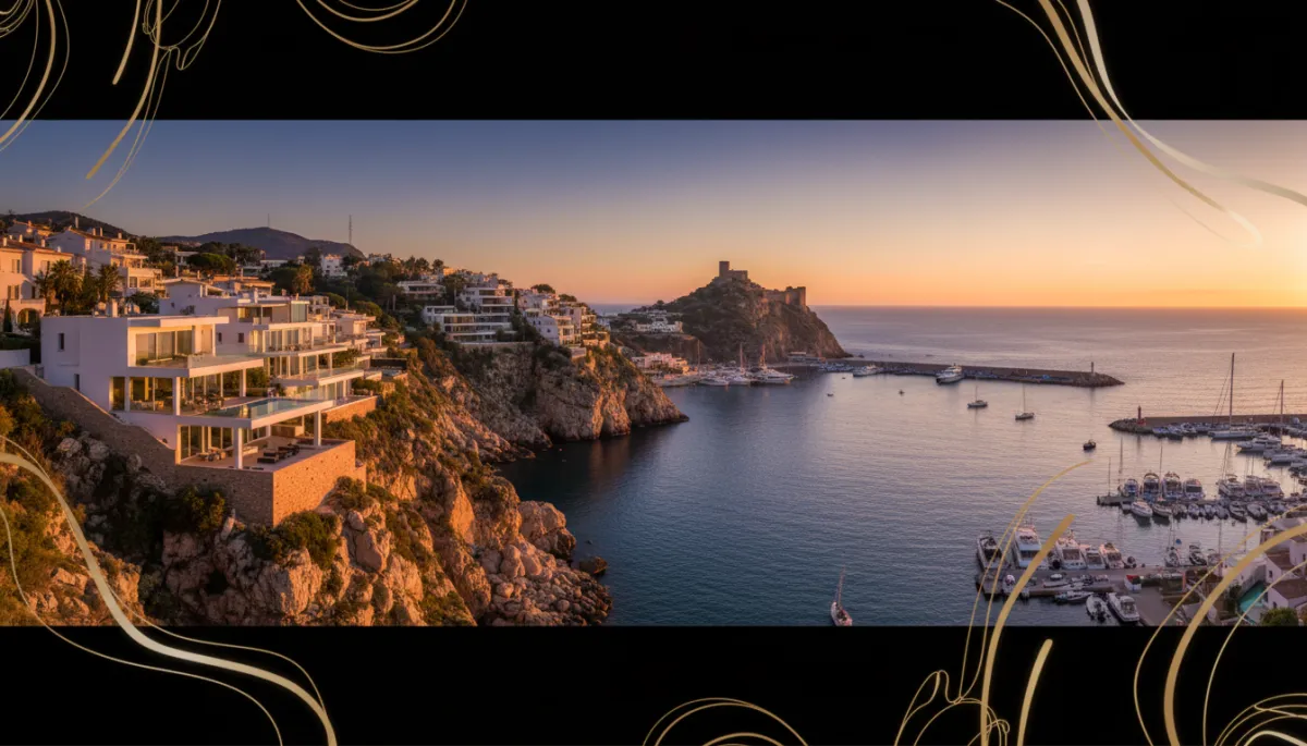 Vue photoréaliste au coucher du soleil sur des villas de luxe sur falaises à Moraira, surplombant la Méditerranée, port avec yachts en contrebas, lumière dorée, arrière-plan deep dark avec accents or et ivoire, style cohérent villas de luxe sur falaises Moraira vue panoramique Méditerranée, crique El Portet, château médiéval, port avec yachts, lumière dorée coucher de soleil