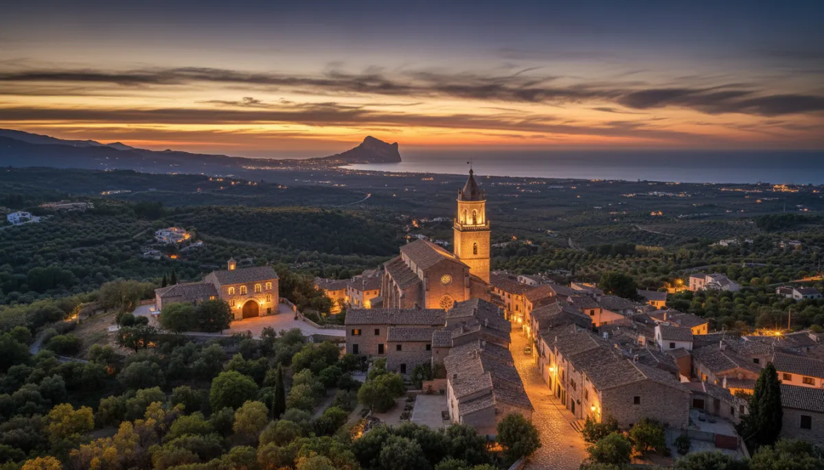 Photorealistic dusk view over Benissa medieval old town with its Gothic church tower softly lit in warm gold, narrow cobbled streets and stone townhouses, in the distance orange and almond groves rolling down towards the sea with the Calpe Peñon on the horizon, deep dark sky and rich gold and ivory accents in the lighting
