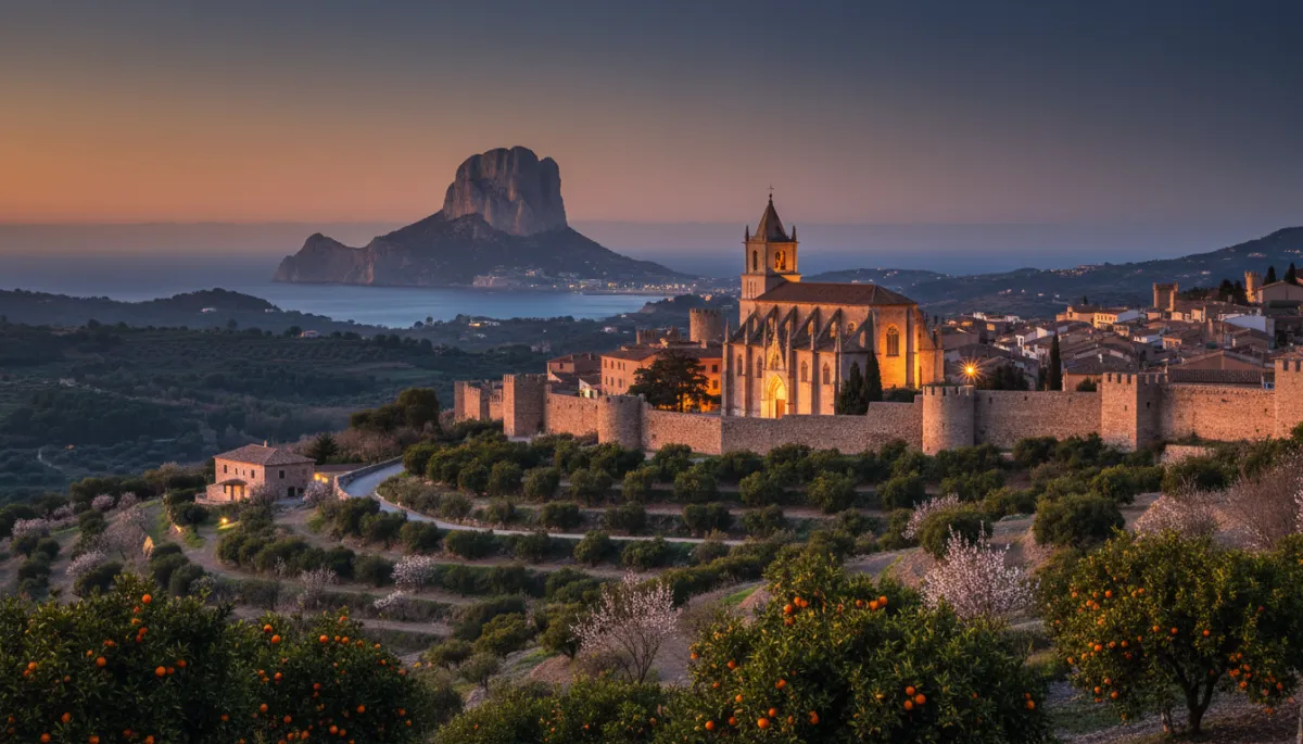 escena fotorealista al atardecer de pueblo medieval Benissa con iglesia gótica iluminada, murallas de piedra, laderas con naranjos y almendros y vistas lejanas al Peñón de Ifach y cala La Fustera, tonos profundos con acentos dorados e marfil, estilo consistente pueblo medieval Benissa iglesia gótica, naranjos almendros laderas, vistas Peñón Calpe, cala La Fustera, finca piedra
