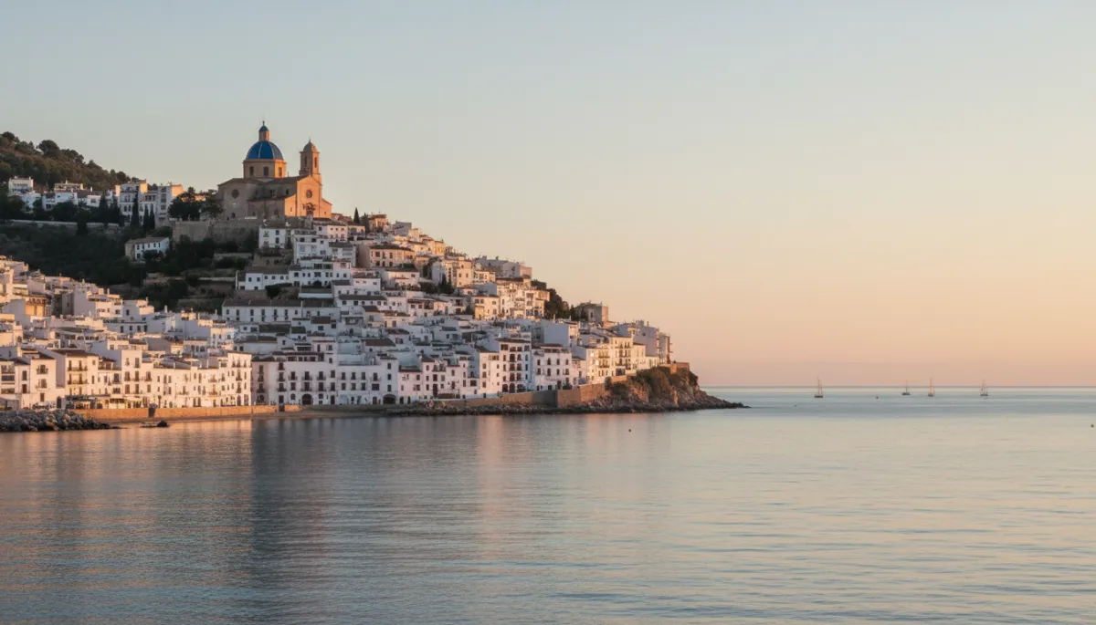 photorealistic Panorama von Altea bei Sonnenuntergang, weiß getünchte Häuser der Altstadt auf dem Hügel, die blau gekuppelte Kirche im Zentrum, ruhiges Mittelmeer im Vordergrund, dezente neutrale Farbtöne