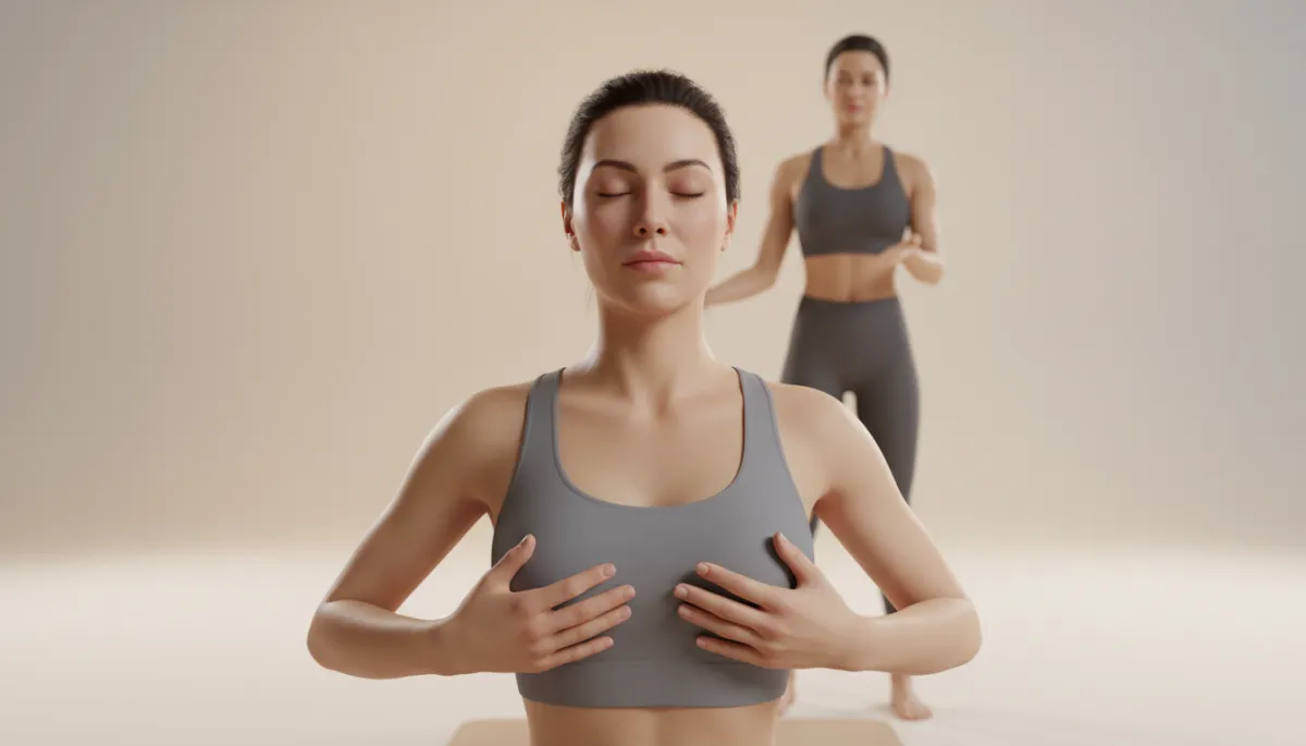 Person practicing deep, mindful breathing during a Pilates session