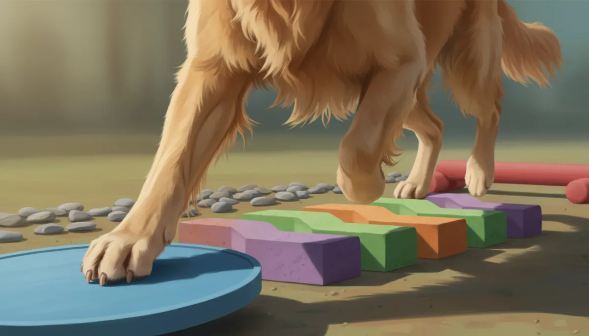 A close-up action shot of a dog's paws carefully navigating obstacles, illustrating body awareness (proprioception).