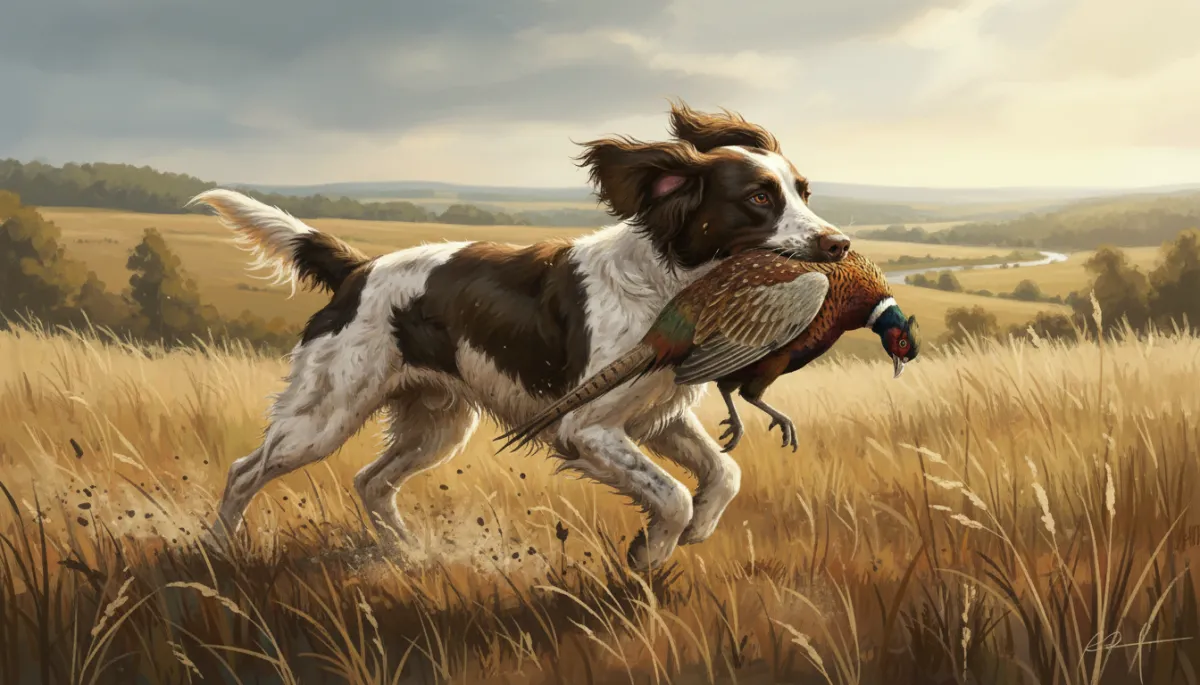 A dynamic photo of a working gundog in the field, retrieving or running through rough terrain, illustrating canine athleticism.