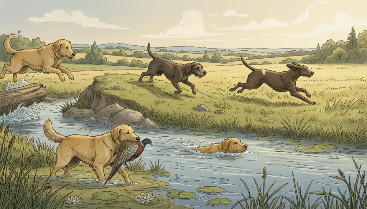 A simple diagram or illustration showing the various movements a gundog performs in the field: jumping, swimming, climbing, running, and retrieving.