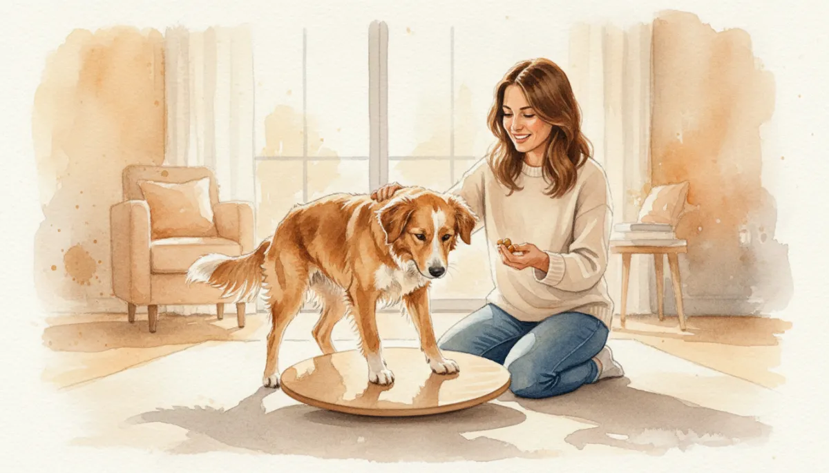 Young dog practicing balance exercises with owner