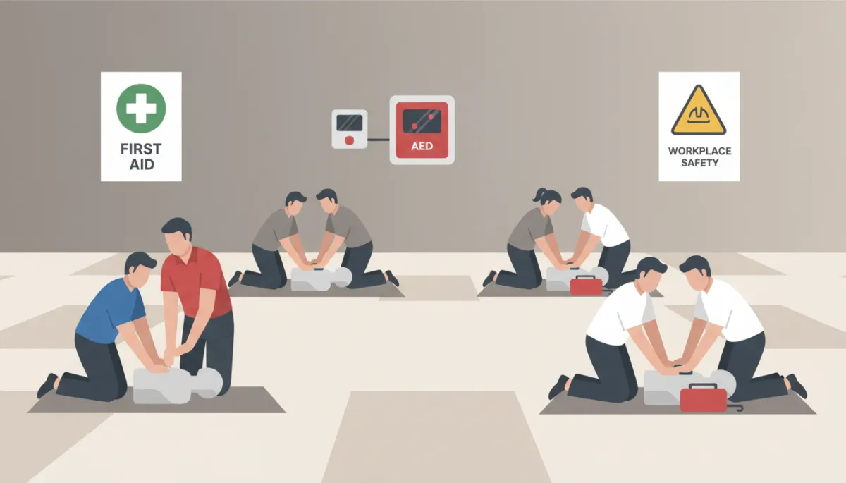 Employees in a professional training room practicing CPR and AED use as part of workplace first aid training