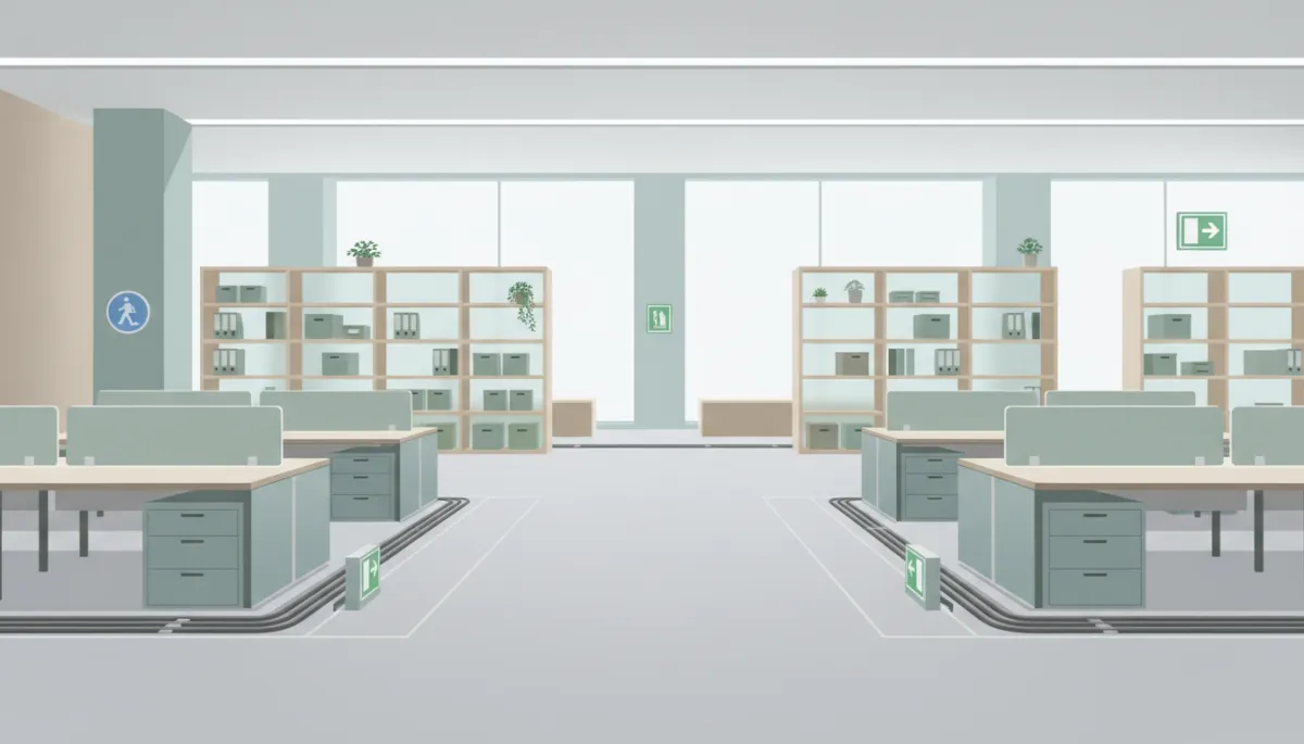 Organized workplace with clear walkways and visible safety signage