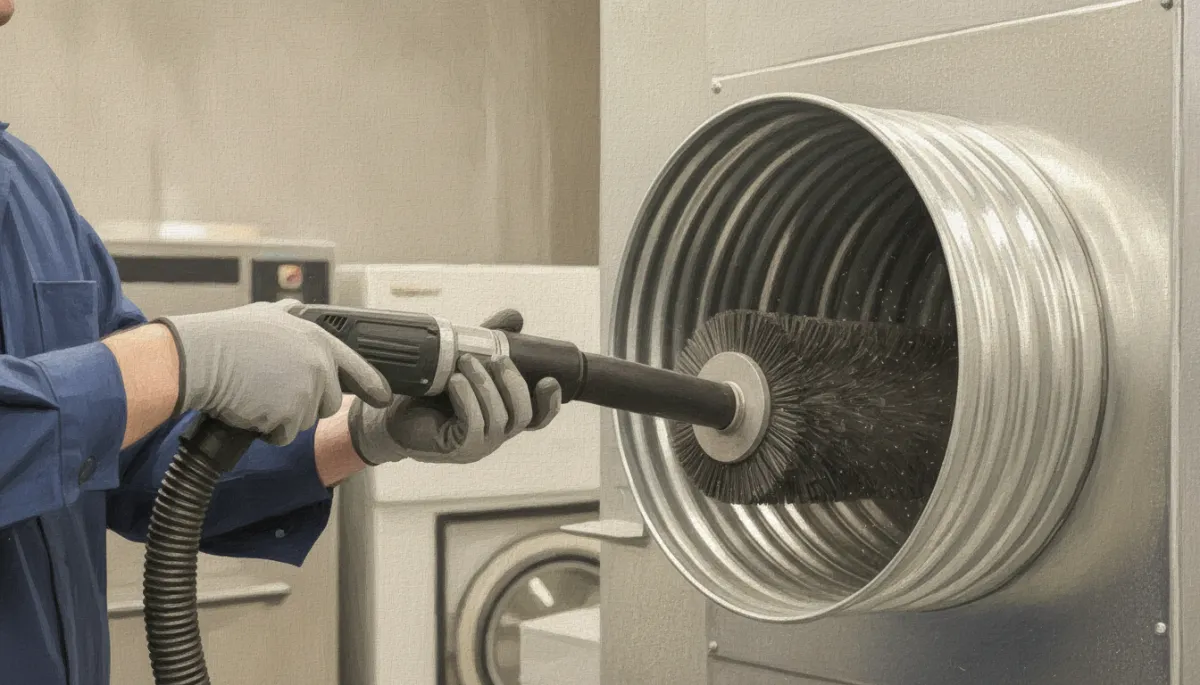 Technician performing lint removal service on a commercial dryer duct in a neutral-toned pixel or canvas style Technician performing lint removal service on a commercial dryer duct in a neutral-toned pixel or canvas style