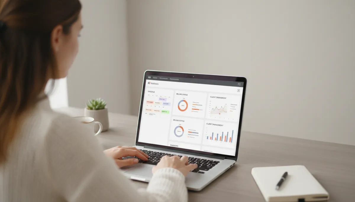 Wellness professional viewing an automated practice management dashboard on a laptop Wellness professional viewing an automated practice management dashboard on a laptop