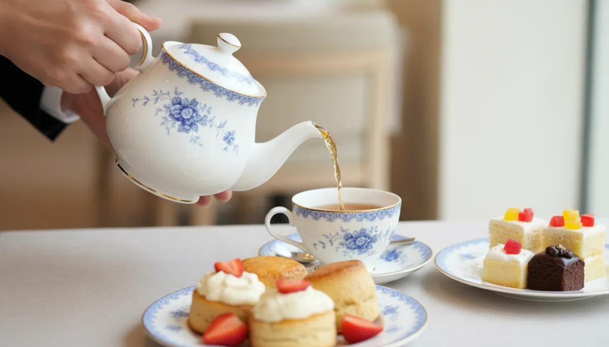 Close-up of tea being poured beside scones with strawberries and cream Close-up of tea being poured beside scones with strawberries and cream