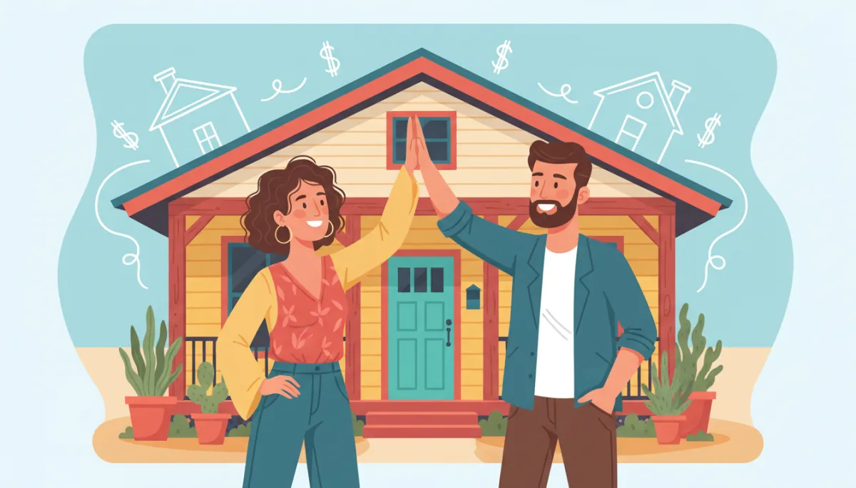 A playful, relaxed scene of two creative real estate partners giving each other a high five in front of a quirky, renovated Texas bungalow, with hand-drawn doodles of dollar signs and houses overlayed for a fun, approachable feel.