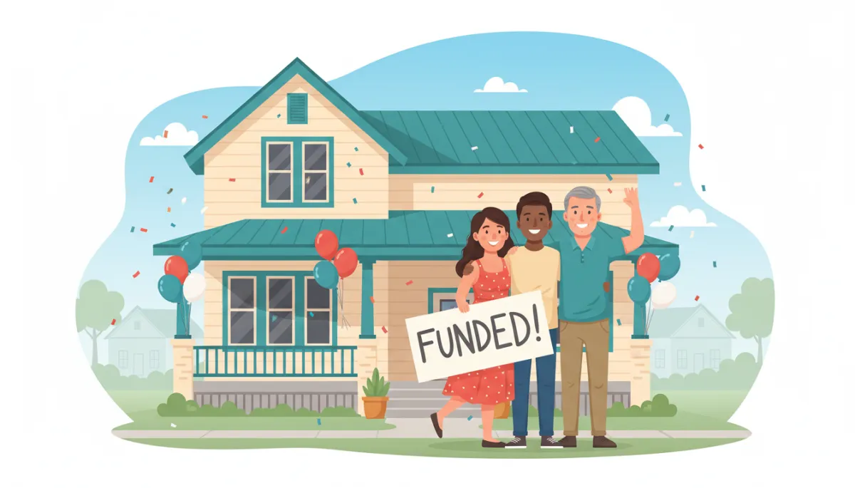 A lifestyle photo of Michelle and Vin, arm-in-arm with a smiling investor, all celebrating in front of a freshly painted, character-filled Texas duplex—everyone in casual clothes, with balloons and a 'funded!' sign for a joyful, non-corporate atmosphere.