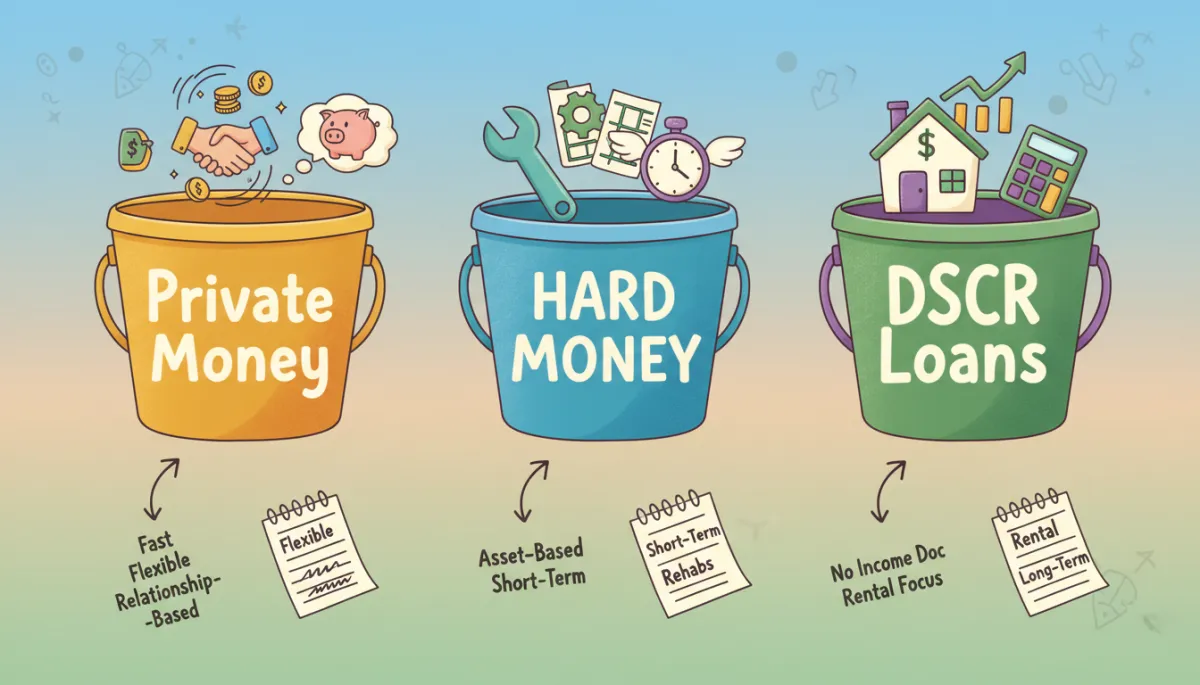 An illustrated, colorful infographic showing three buckets labeled 'Private Money', 'Hard Money', and 'DSCR Loans', each with friendly, cartoon-style icons and handwritten notes—creative and informal, no corporate charts.