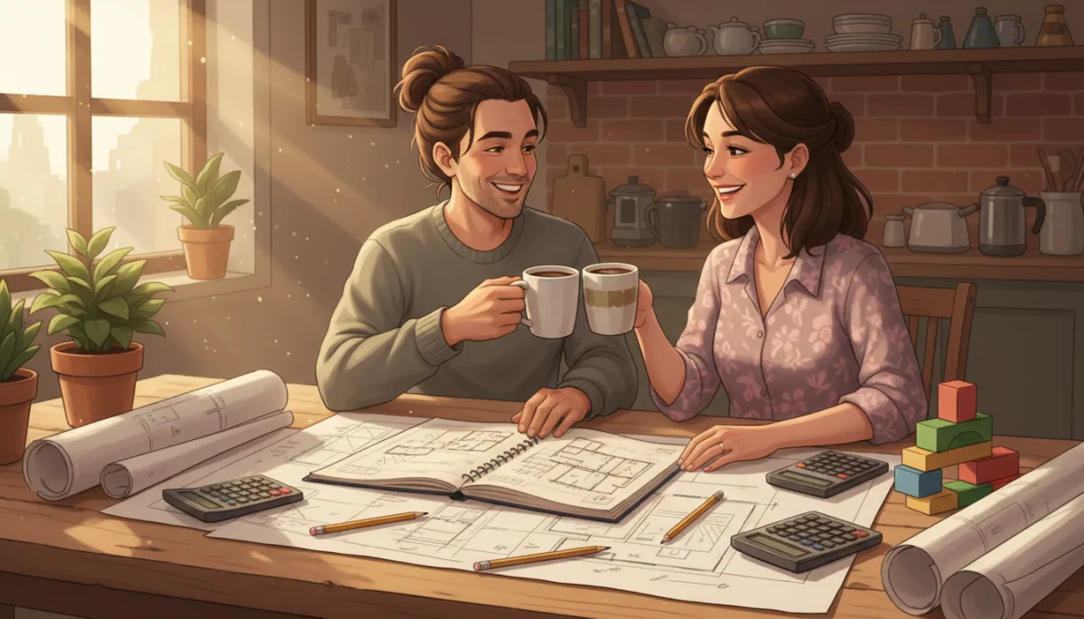 A candid, behind-the-scenes image of Michelle and Vin clinking coffee mugs with a real estate investor at a kitchen table covered with property sketches and calculators, sunlight streaming in—fun, approachable, and creative, not formal or corporate.