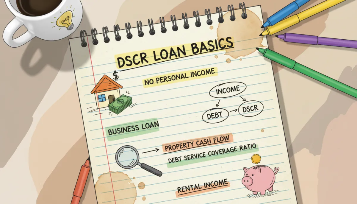 A hand-drawn style close-up of a notebook page with fun doodles and highlighted notes about DSCR loan basics, with coffee stains and colorful pens in the scene to give it a casual, approachable, creative vibe.