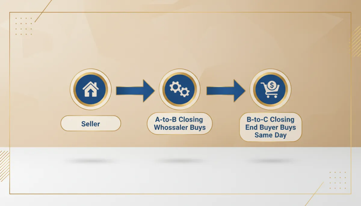 Infographic showing transactional funding flow from seller to wholesaler to end buyer same day