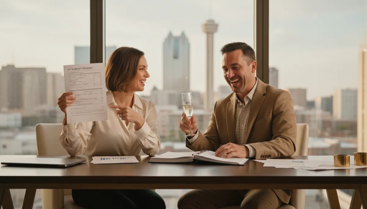 Real estate investor duo celebrating after reviewing successful closing documents