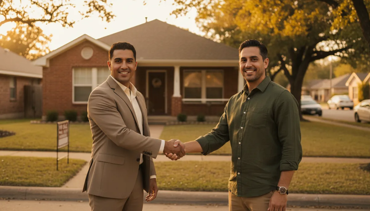 Wholesaler and buyer shaking hands in front of Texas property with For Sale sign