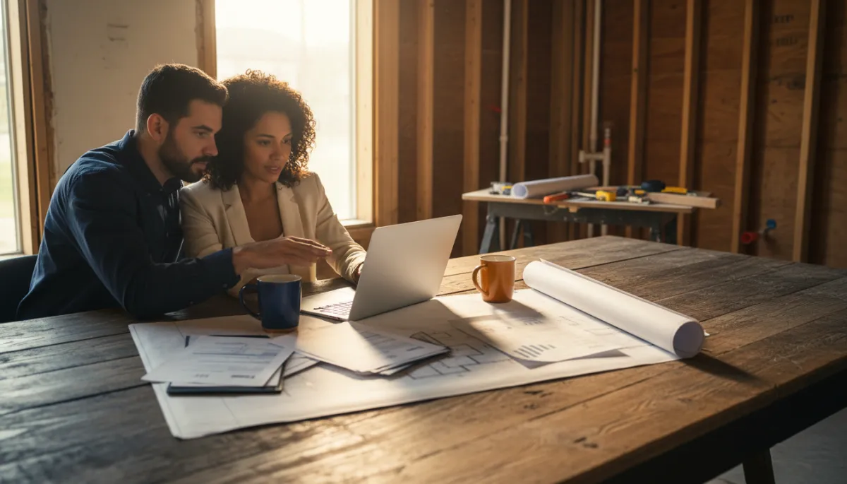 Investor couple reviewing rehab plans and loan terms inside a partially renovated Texas property