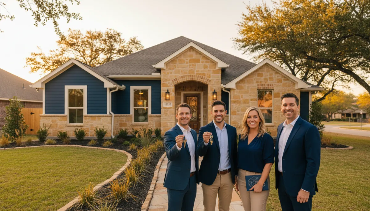 Happy investors holding keys in front of their completed Texas fix-and-flip project