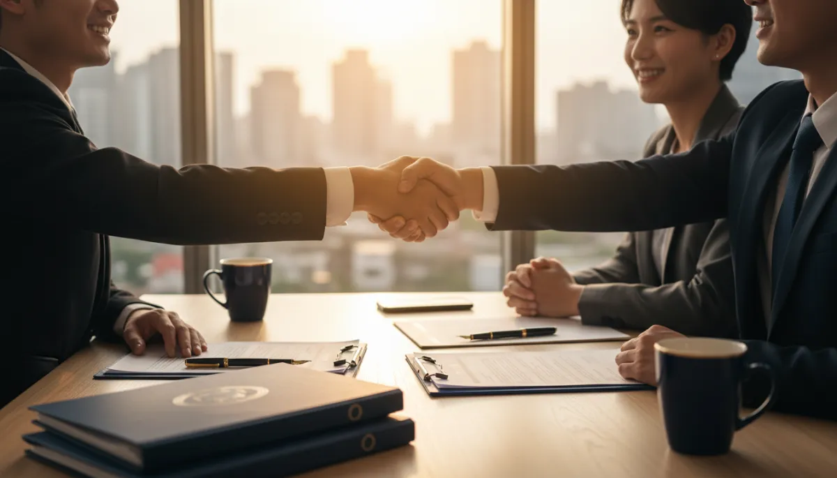 Successful real estate investors shaking hands at a closing table after using bridge financing