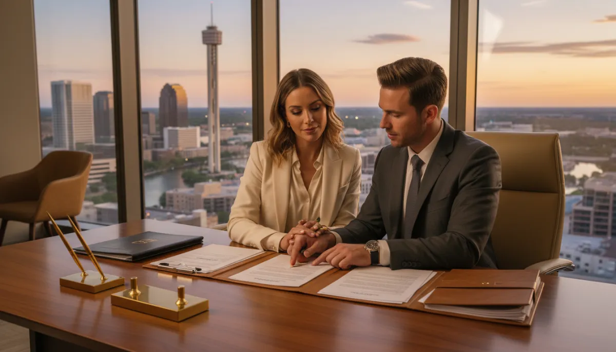 Cinematic wide shot of a professional couple reviewing real estate contracts and funding paperwork at a modern desk in a high-rise office overlooking San Antonio Texas, warm neutral tones with subtle gold accents, photorealistic, 16:9 aspect ratio, confident professional energy