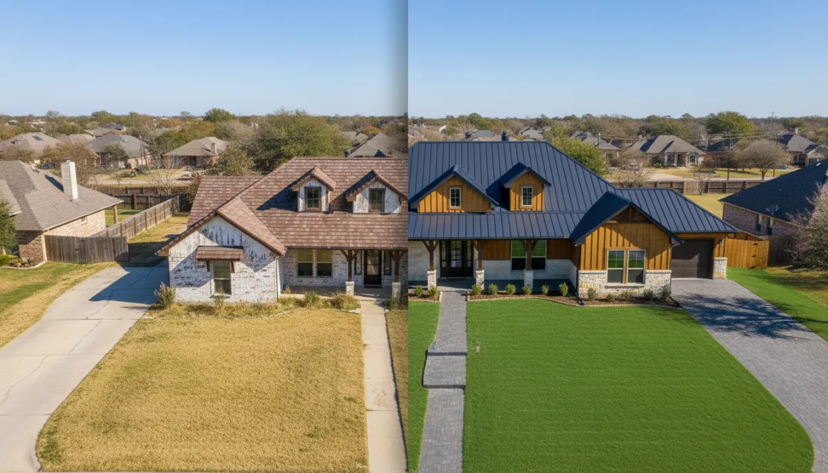photorealistic aerial view of a renovated Texas-style single-family home with a subtle split-screen before-and-after concept, bright midday sunlight, lush green yard, new roof and modern curb appeal, warm professional tones, cinematic wide composition