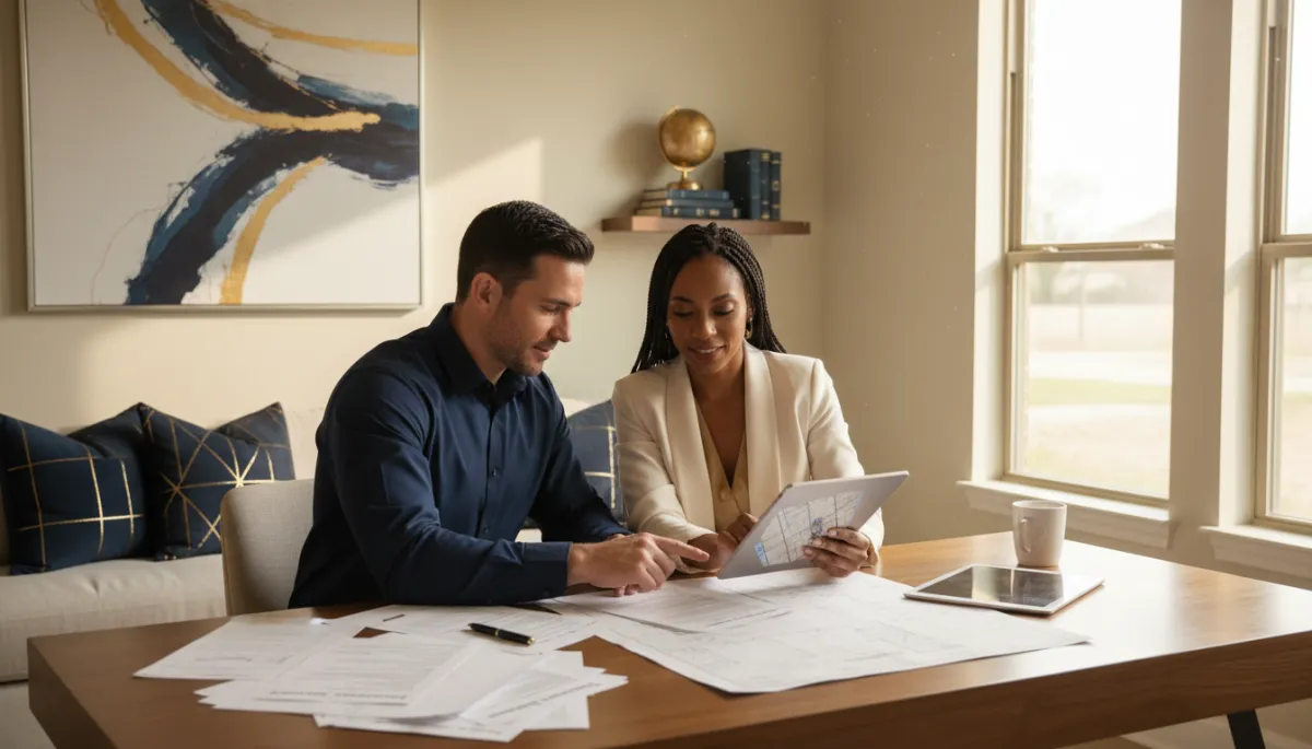 photorealistic wide cinematic shot of a confident diverse couple in their late 30s reviewing real estate documents and a tablet at a modern desk in a bright Texas home office, warm afternoon light, subtle dark blue and gold accents in decor, professional yet approachable vibe