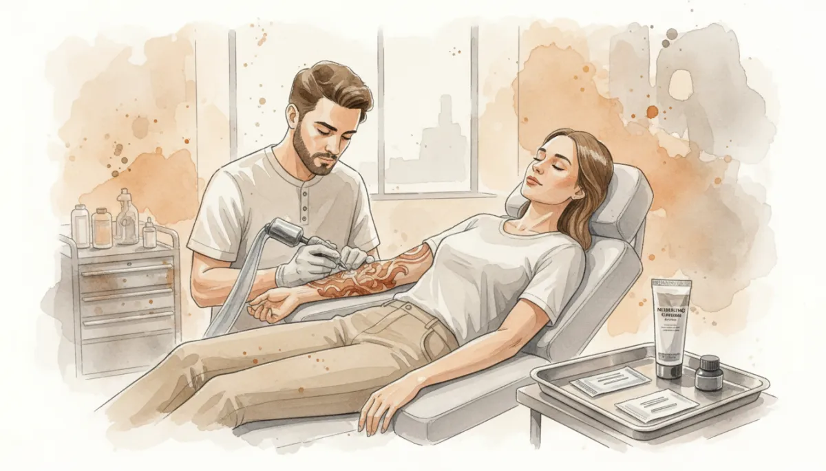 Modern tattoo artist using a rotary machine with numbing cream prepared nearby