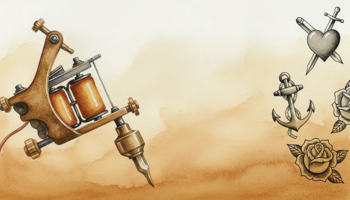 Early electric tattoo machine next to traditional flash art designs