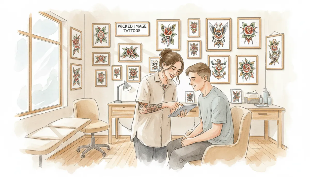 Comfortable modern tattoo studio where an artist consults with a client on a custom design