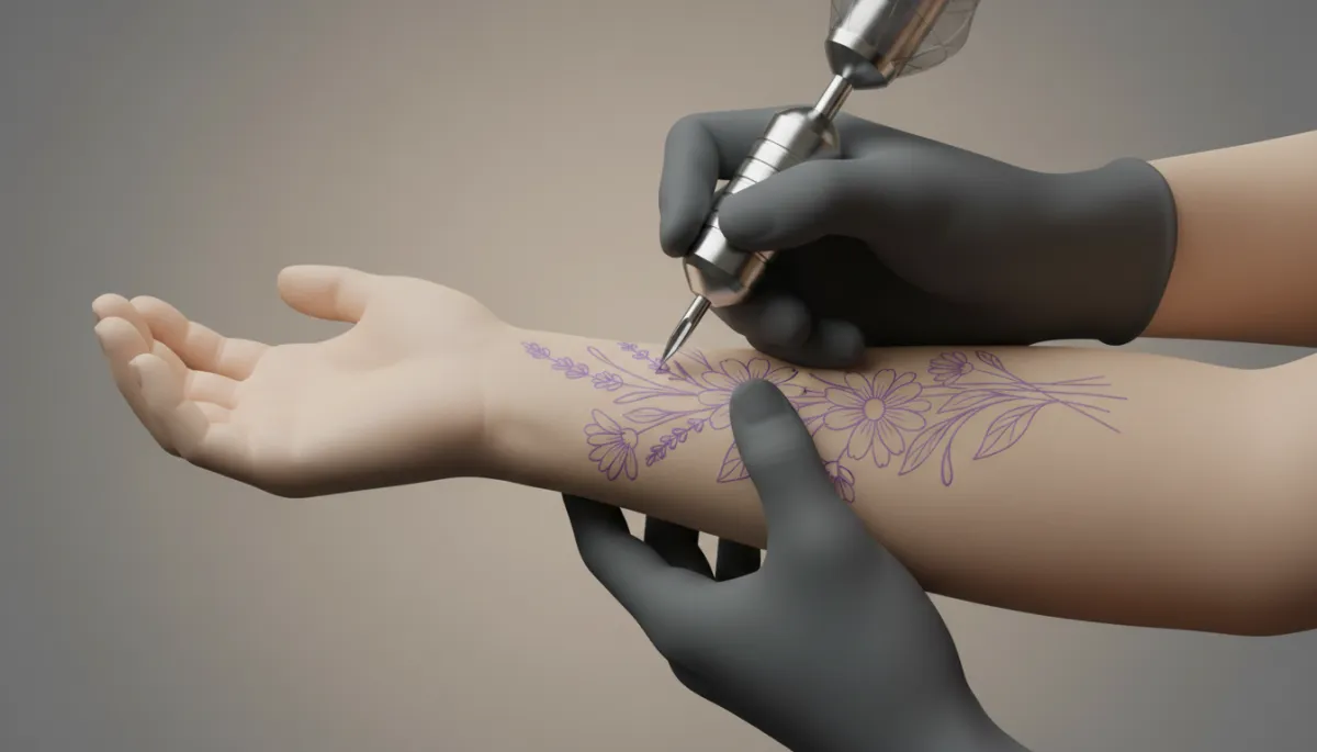 Tattoo artist creating a fine-line floral design on a client’s arm