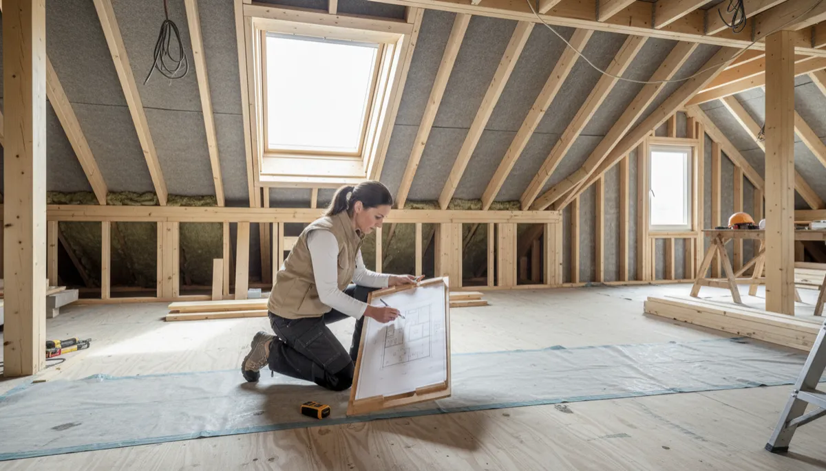 Architect assessing an unfinished attic for potential conversion into living space Architect assessing an unfinished attic for potential conversion into living space