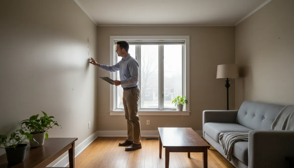 Investor inspecting the interior condition of a rental property living room Investor inspecting the interior condition of a rental property living room