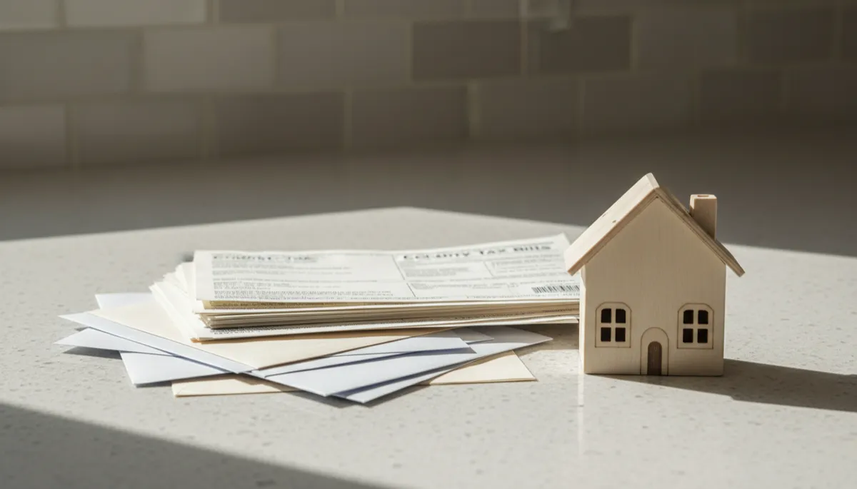 Stack of county property tax bills next to a model house