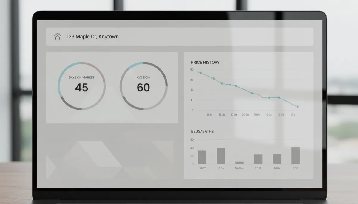 Real estate dashboard displaying days on market and price history Real estate dashboard displaying days on market and price history