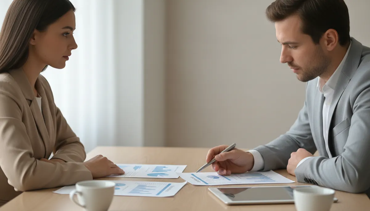 Real estate agent and buyer reviewing offer numbers and pricing charts Real estate agent and buyer reviewing offer numbers and pricing charts