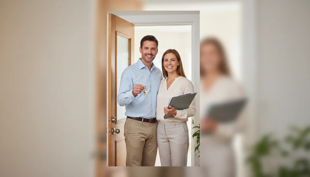 New homeowners standing in the doorway of their home holding keys New homeowners standing in the doorway of their home holding keys