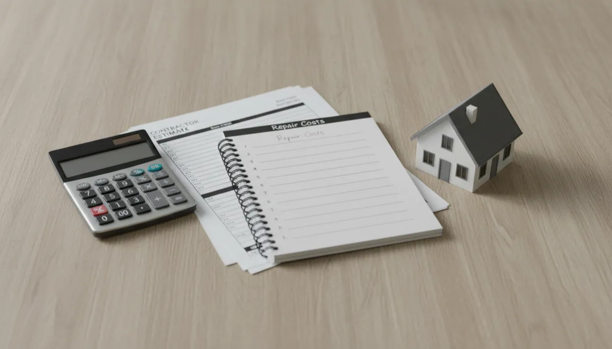 Calculator and written estimate used to total home repair costs Calculator and written estimate used to total home repair costs