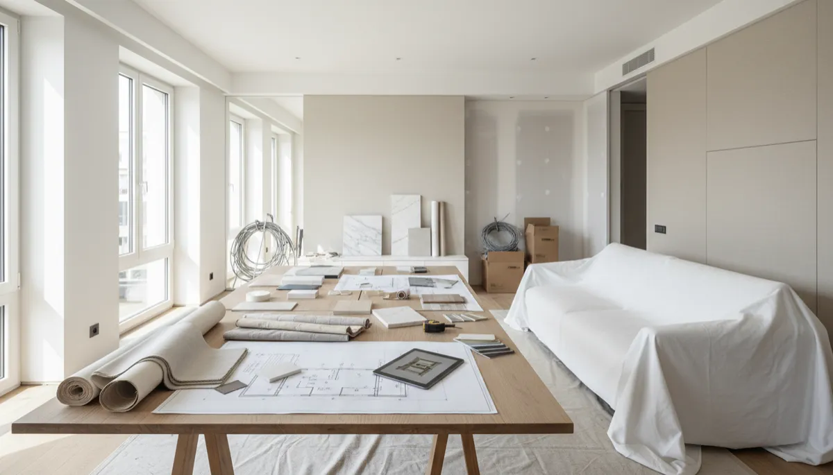 Partially renovated living room with design plans and material samples Partially renovated living room with design plans and material samples