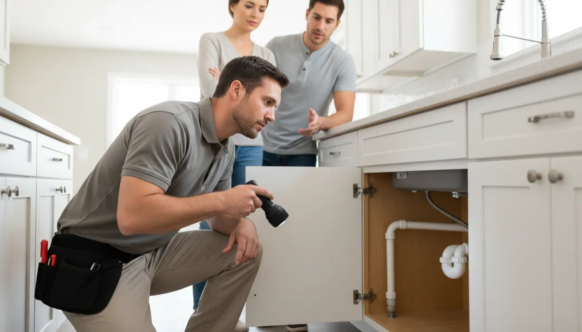 Home inspector checking under a kitchen sink while buyers watch Home inspector checking under a kitchen sink while buyers watch