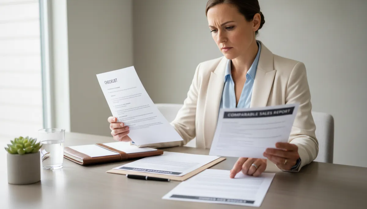 Homebuyer reviewing a checklist and comparable sales before signing an offer Homebuyer reviewing a checklist and comparable sales before signing an offer