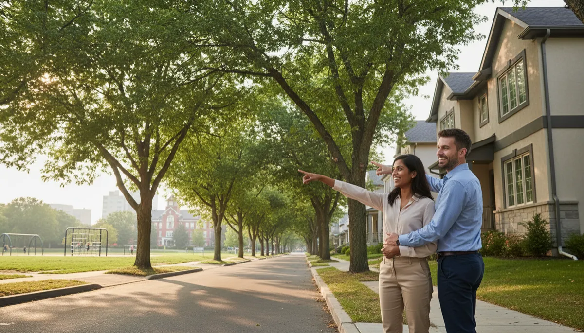 Homebuyers evaluating a house on a quiet street near local amenities Homebuyers evaluating a house on a quiet street near local amenities