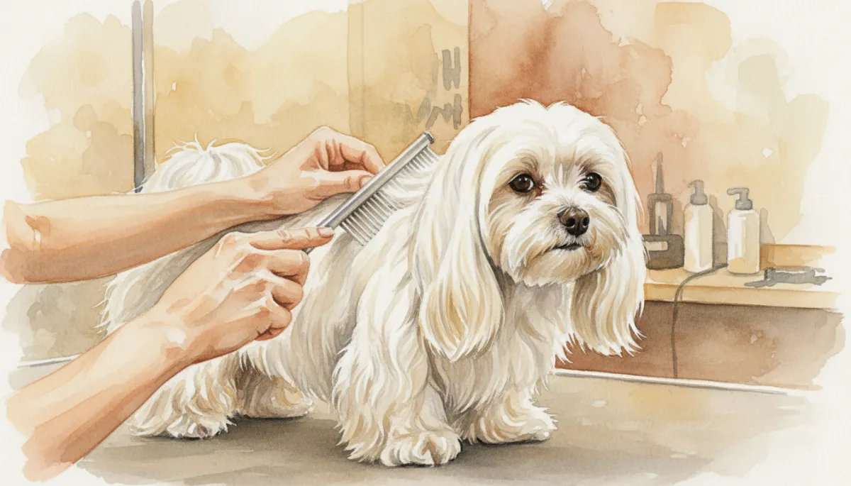 Groomer brushing a Maltese dog’s long white coat