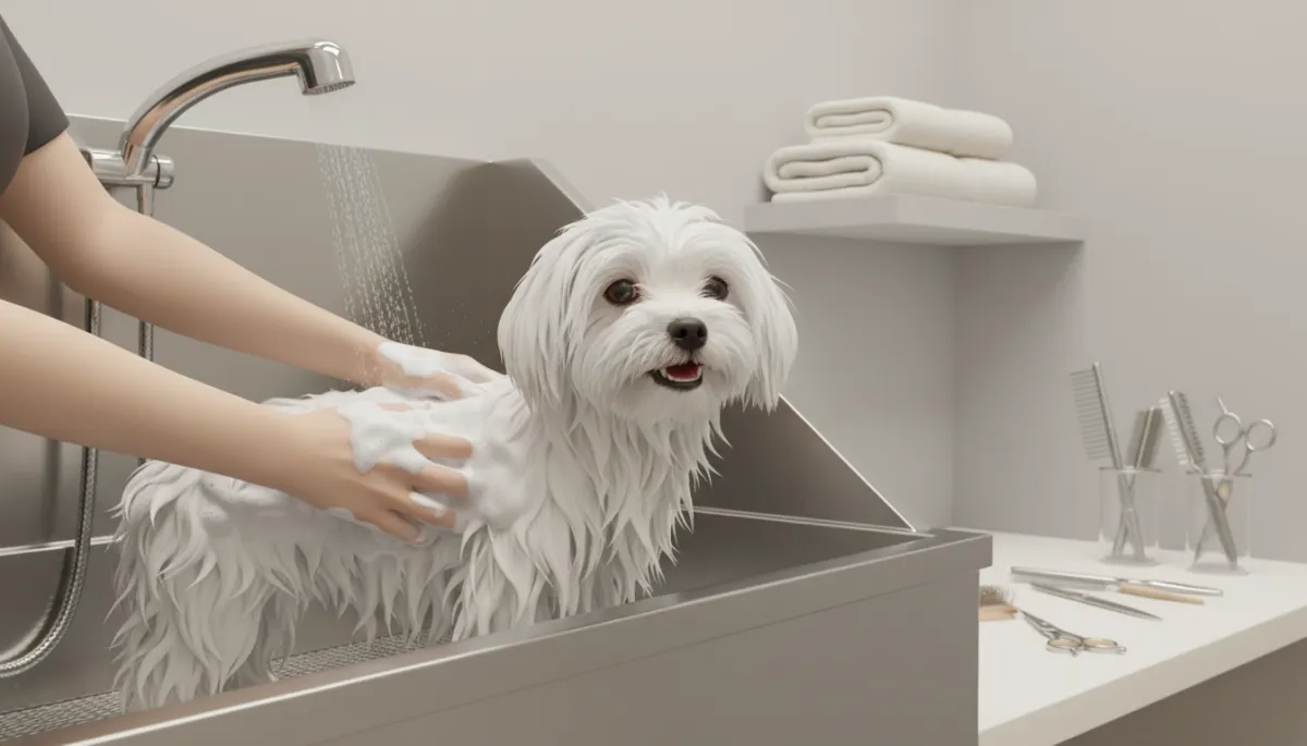 Maltese dog being bathed with whitening shampoo in a grooming salon