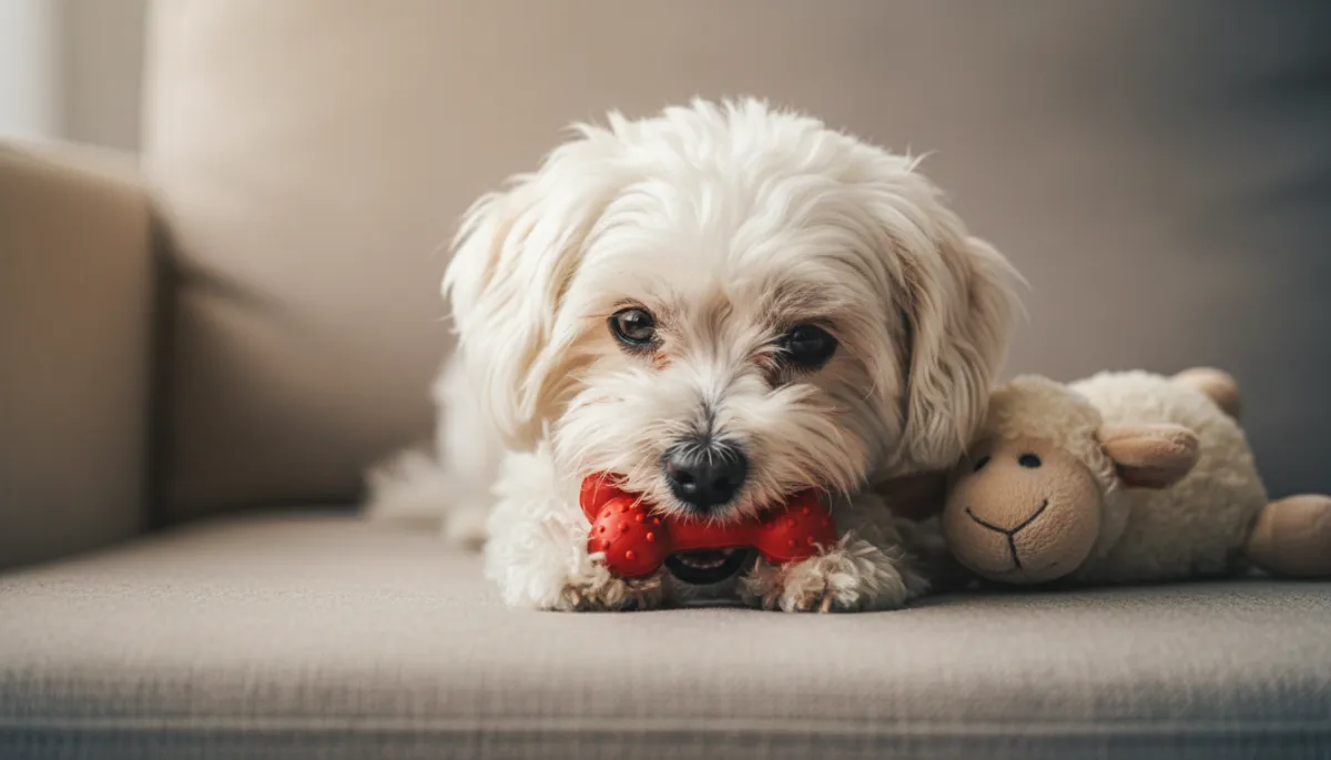 Maltese dog chewing a small rubber toy beside a plush comfort toy