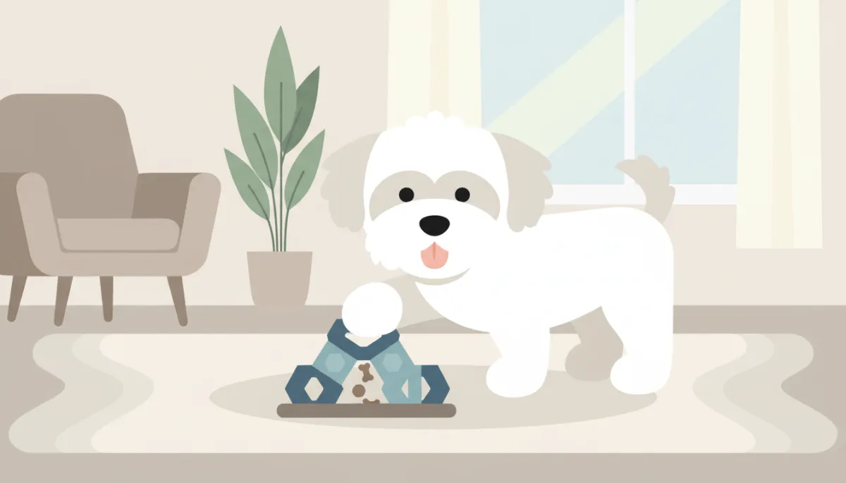 Maltese dog playing with a treat-dispensing puzzle toy indoors Maltese dog playing with a treat-dispensing puzzle toy indoors