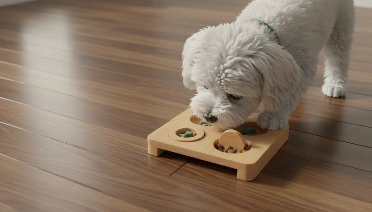 Maltese dog engaging with an indoor puzzle feeder toy Maltese dog engaging with an indoor puzzle feeder toy